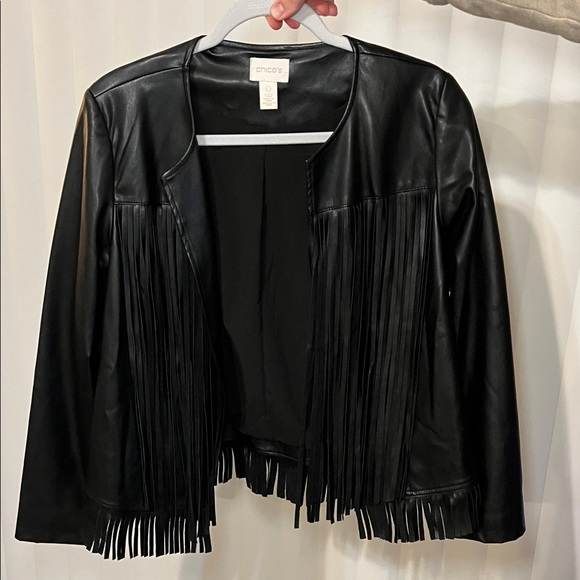 Sleek Chico’s Black Faux Leather Fringe Open Front Long Sleeve Jacket - Picture 2 of 13